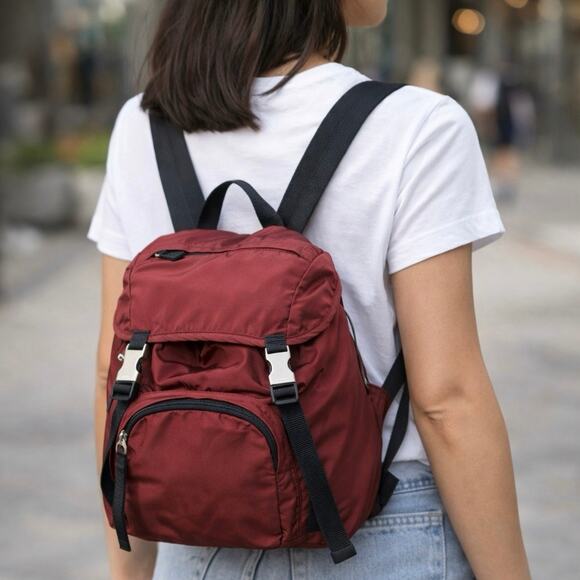 Prada Vela Amaranth Maroon Red Nylon‎ Backpack Drawstring Buckle Travel Bag Tote main image 6